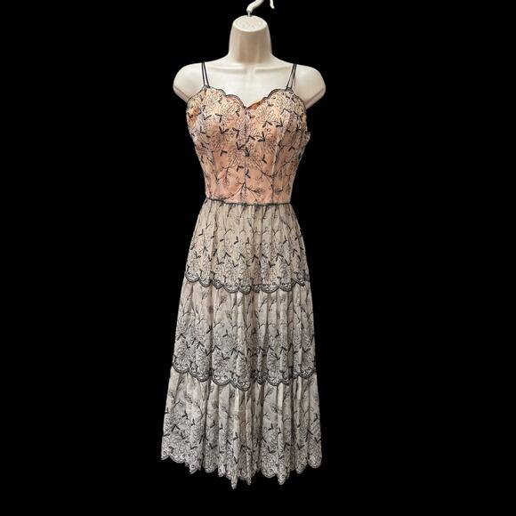 Vintage 1950s Sheer Cupcake Chiffon Embroidered Party Dress Pink & Black XS - Picture 3 of 16